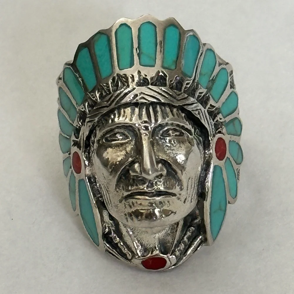 925 Silver 10 size Native American Indian Chief Warrior Ring